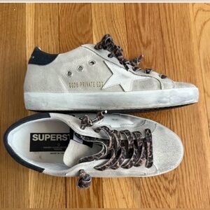 Golden Goose Super-Star Suede Sneakers in Light Gray with Leopard Laces